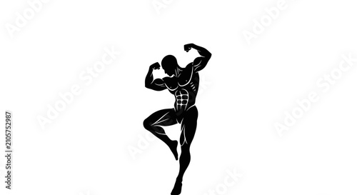 Bild auf Leinwand Muscular man flexing on one leg with black silhouette muscular arms while standi