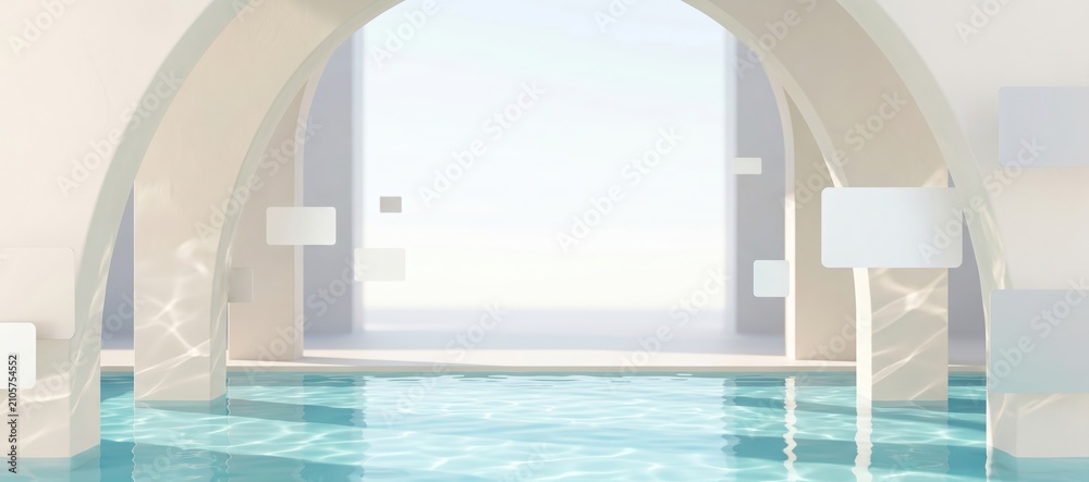 Fototapeta premium Cream archway with pool and geometric shapes in modern hospitality setting