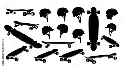 Skateboards and Longboards Silhouette Set with Protective Helmets