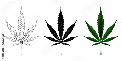 Billede på lærred Cannabis leaf variations in line art solid black and green coloration on a white