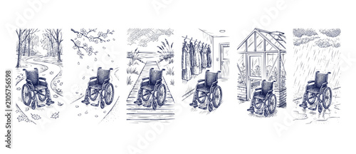 Wheelchair sketch drawings set, medical mobility concepts in seasonal outdoor and indoor scenes, vintage hand-drawn engraving style illustration sequence representing accessibility and daily life.