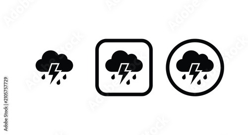 Fotografi Storm cloud with lightning and raindrops flat icon set black silhouette weather