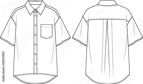 Cuadro en lienzo Technical fashion sketch of a short sleeve button-down shirt with a box pleat ba