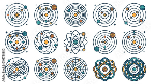 Fotografie Colorful Abstract Atomic and Planetary Orbital Designs.