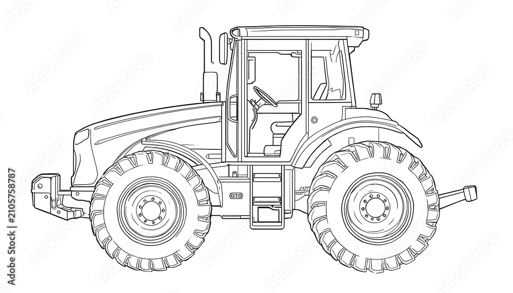 Obraz premium Agricultural Tractor Line Drawing – Black and White Side View Vector Illustration Outline For Coloring Book and Technical Icon