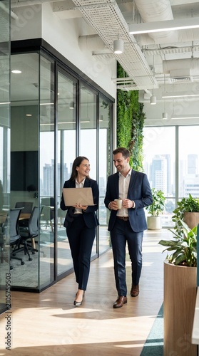 Two smiling colleagues, a man and a woman in business attire, walk down a modern office hallway, discussing work while holding a laptop and a coffee cup.
