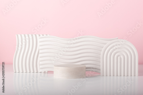 Minimal concept with gypsum props on pink background with copy space. Product placement or designs.