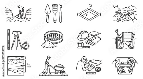 Obraz na płótnie Archaeology Excavation and Geological Survey Line Icon Set for Historical Field
