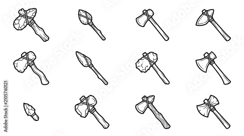 Foto Set of prehistoric stone age tools and primitive weapons vector icons