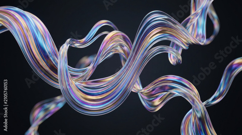 Macro shot of floating 3D fluid glass ribbons, iridescence chrome metallic texture, smooth twisting motion, soft studio lighting, clean background, abstract design