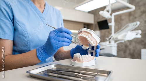 Dentist holding dental impression mold in clinic using specialized metal instruments