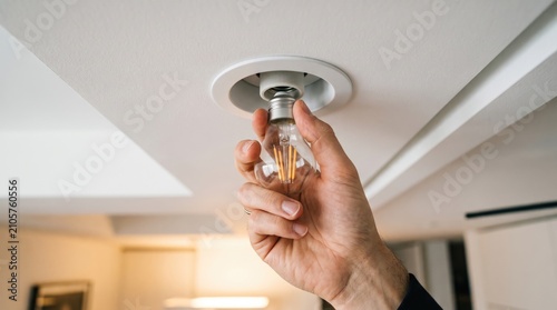 Person changing light bulb in ceiling fixture to improve home energy efficiency