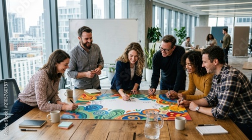 A diverse team of focused colleagues collaborates enthusiastically while brainstorming new creative concepts on a large colorful project map during their productive afternoon meeting
