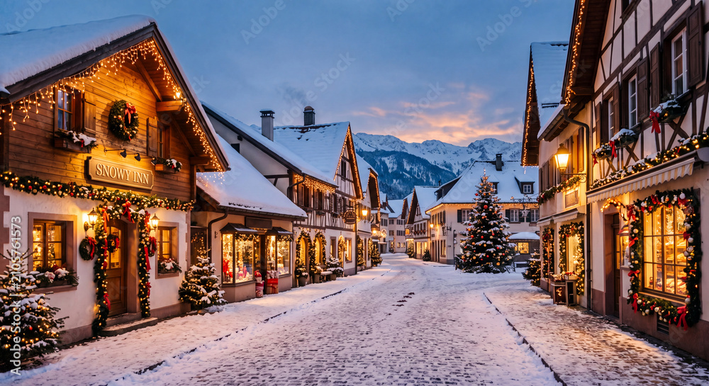 Fototapeta premium Picturesque alpine village street covered in deep winter snow illuminated by festive holiday lights and warm building glow at dusk