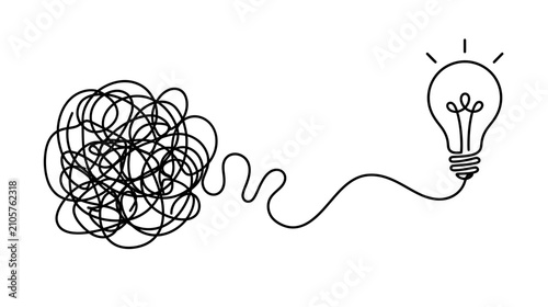 Foto Tangled line leading to a bright idea light bulb