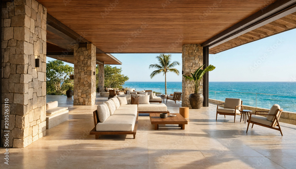 Fototapeta premium Luxury tropical resort open air lobby with ocean view tropical vacation architecture furniture paradise relaxing seascape sunlight peaceful comfortable destination lifestyle