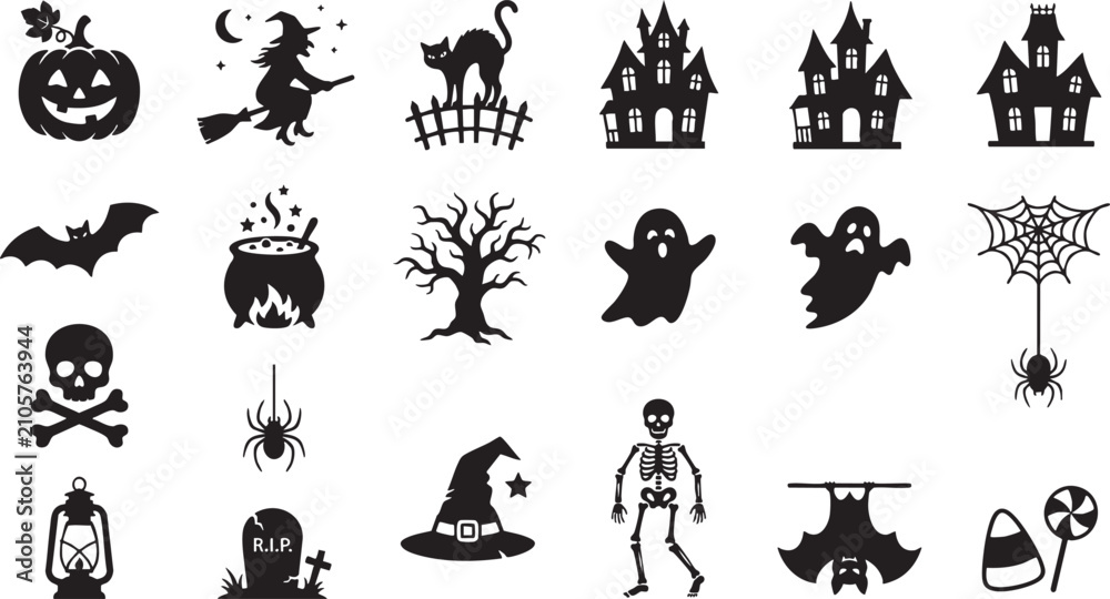 Fototapeta premium Spooky halloween icons collection jack o' lanterns witches ghosts skeletons more for festive designs