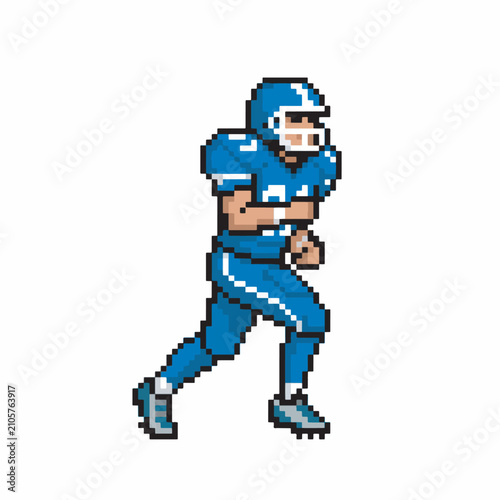 Pixel art American football player running in blue uniform.