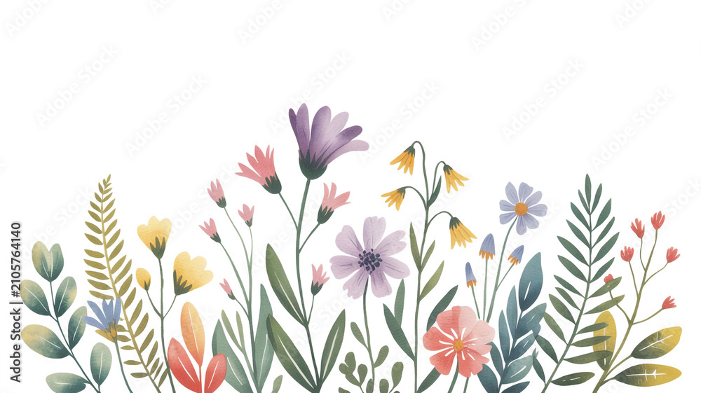 Colorful illustration of various flowers and plants arranged in a circular pattern with illustration botanical colorful arrangement greenery