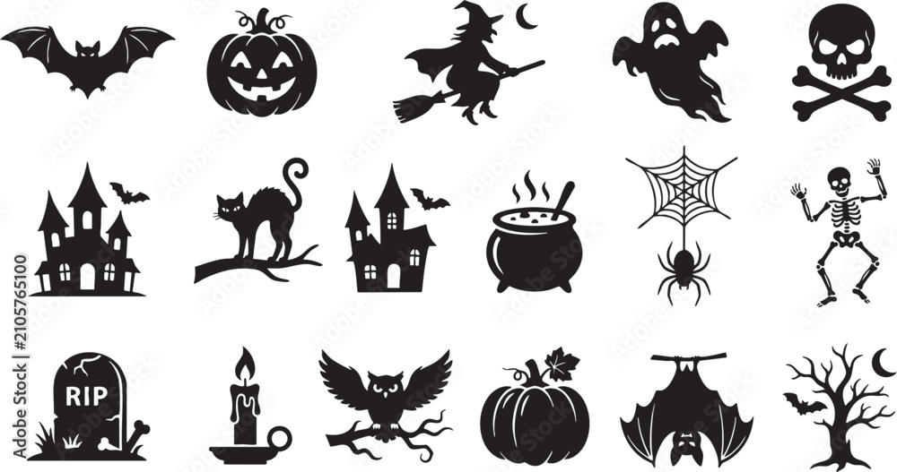 Fototapeta premium Spooky halloween icons collection bats witches pumpkins ghosts skeletons for festive designs and decorations