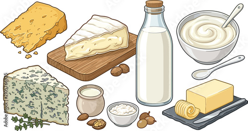 Obraz na płótnie Dairy Product Collection with Cheese Butter Milk Yogurt Cottage Cheese Brie Blue