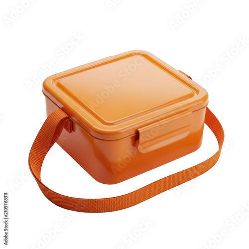 Bright orange square lunch box with an adjustable carrying strap for portable meal organization isolated on transparent background
