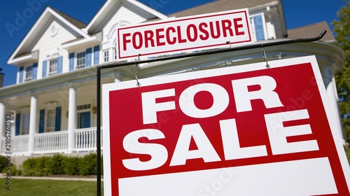 Red foreclosure sign on front yard of white house
