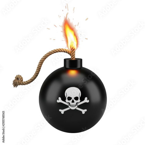 A classic round black iron bomb featuring a white skull and crossbones symbol with a lit fuse isolated on transparent background