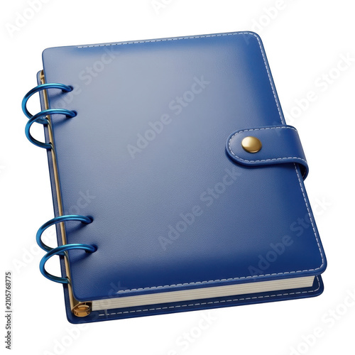 A blue leather personal planner with ring binder mechanism and a gold button snap closure strap isolated on transparent background