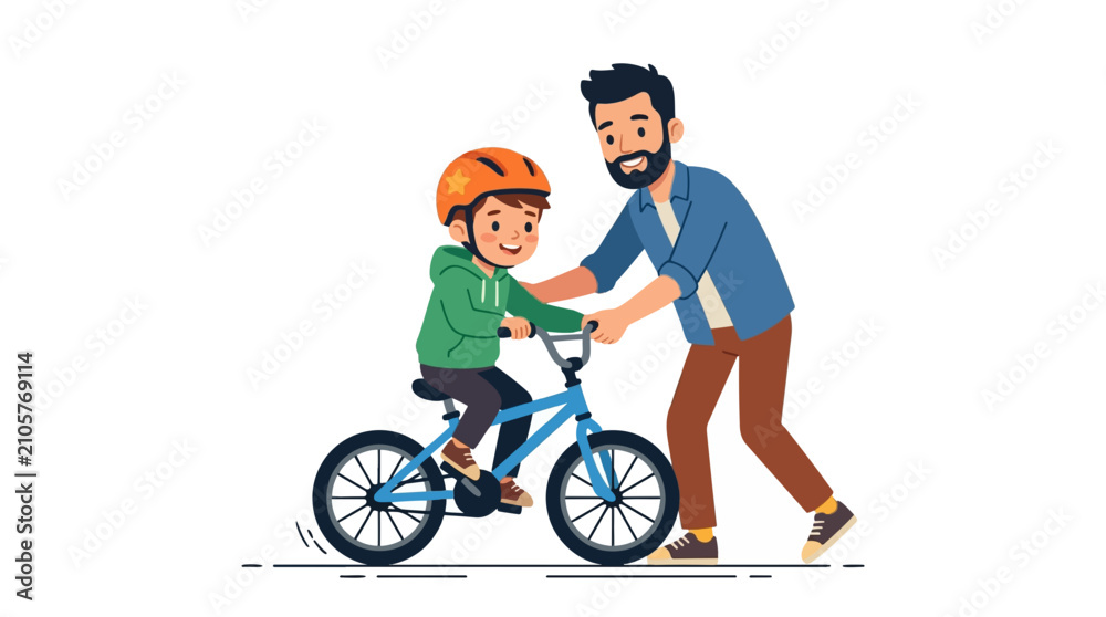 Fototapeta premium Father teaching son to ride a bicycle with helmet safety and support vector illustration