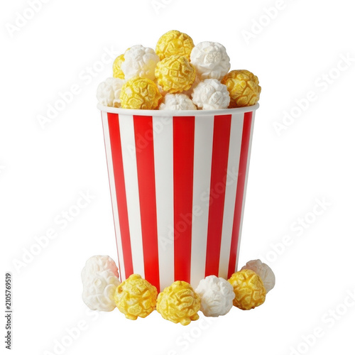 A tall bucket filled with salty buttered popcorn and some scattered kernels at the bottom base isolated on transparent background