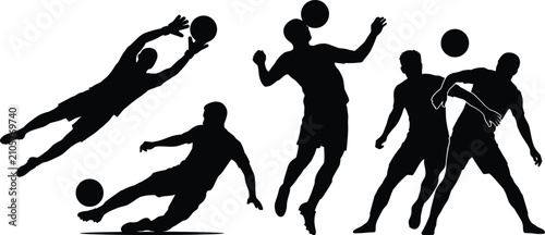 Fotografija Soccer players silhouette set with goalkeeper diving heading the ball sliding ta