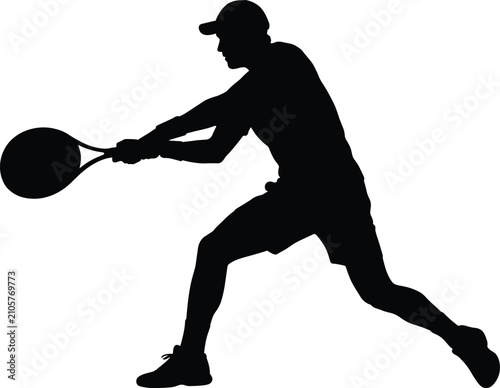 Cuadro en lienzo Tennis player silhouette swinging racket hitting two handed backhand stroke isol