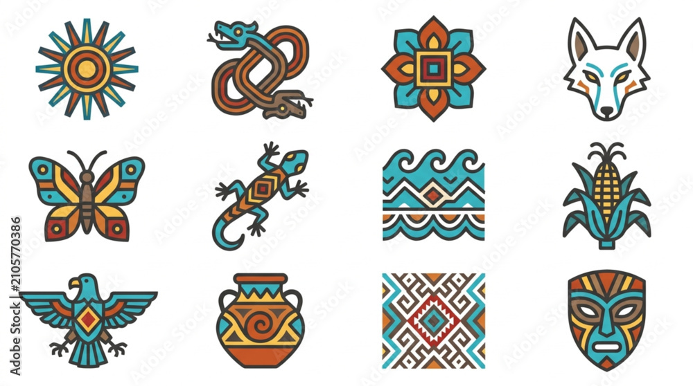 Obraz premium Colorful Aztec and Native American Symbols Collection.
