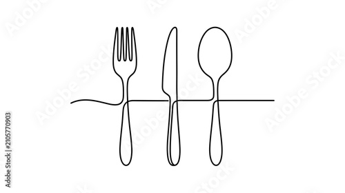 Minimalist line art of fork, knife, and spoon
