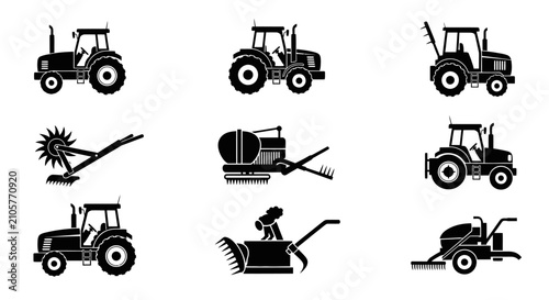 Tableau sur toile Tractor with black silhouettes tractors farm equipment white background agricult