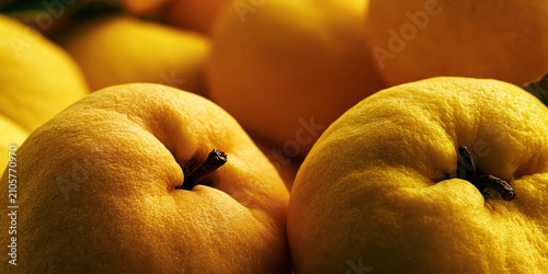 Close-up of ripe apples with stems, warm golden light