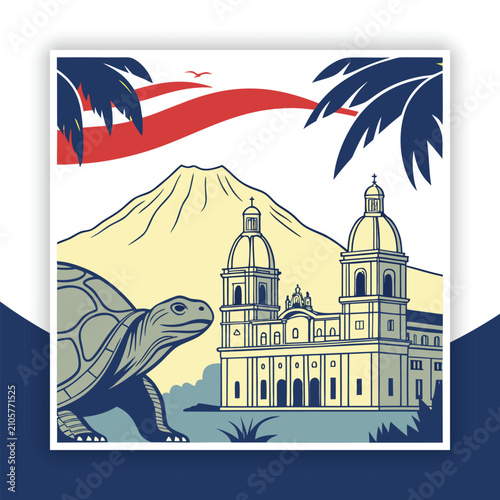 Galapagos Islands Landscape Illustration Featuring Volcanic Peak Historic Architecture and Giant Tortoise