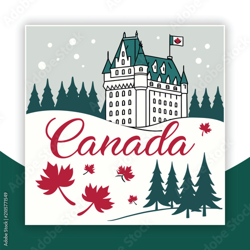 Stylized Canadian Winter Landscape with Grand Chateau, Pine Trees and Maple Leaves