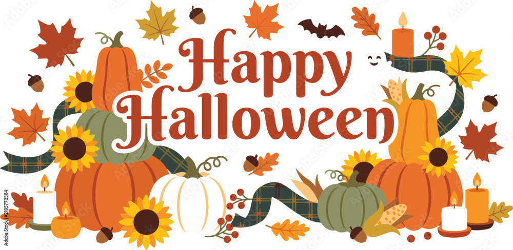 Fototapeta premium Happy Halloween Autumn Banner with Pumpkins, Sunflowers, Maple Leaves, and Burning Candles