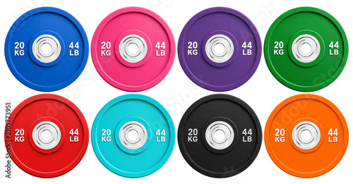 Olympic Bumper Plates Color rubber gym weight plate set, representing fitness, strength, health. Isolated marketing workout inspiration, athletic equipment