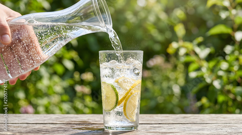 Hand Pouring Sparkling Water Over Ice with Citrus Slices