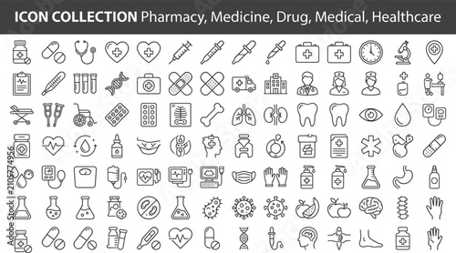 Quadro su tela Comprehensive vector collection of pharmacy, medicine, healthcare, and medical p