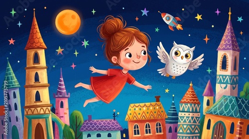 Fantasy imagination concept, child flying over a magical city with an owl, creative storytelling and childhood wonder