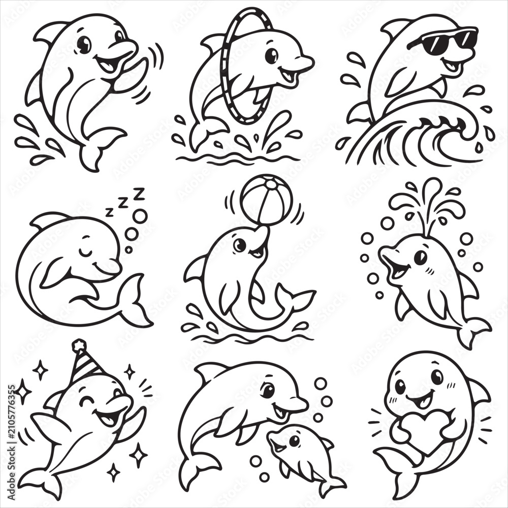 Fototapeta premium Cute Cartoon Dolphin Set, Black and White Vector Illustration for Coloring Book