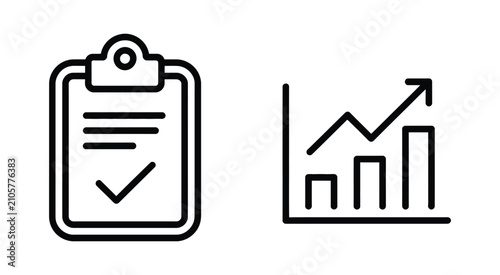 Poll results analytics icons, survey data symbols, clipboard checklist, checkmark, statistics and feedback analysis graphics, editable vector illustration.