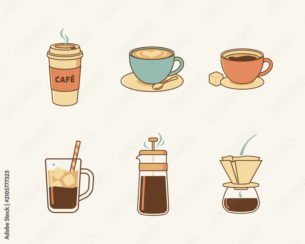 Obraz premium Various coffee brewing methods and serving styles for professional cafe branding. Vector illustration