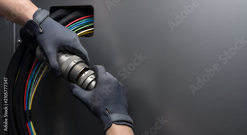 Engineer connecting heavy duty electrical cabling system in industrial factory area.