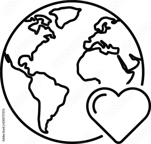 Globe with heart icon symbolizing global love and care on white background.