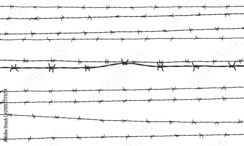Seamless pattern of multiple horizontal sharp barbed wire fencing lines black silhouette sketch vector illustration background